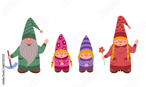 Little gnomes. Family of gnomes. Garden gnomes. Dwarf family. Vector illustration for printing, backgrounds, wallpapers, covers, packaging, greeting cards, posters, stickers, textile, seasonal design.