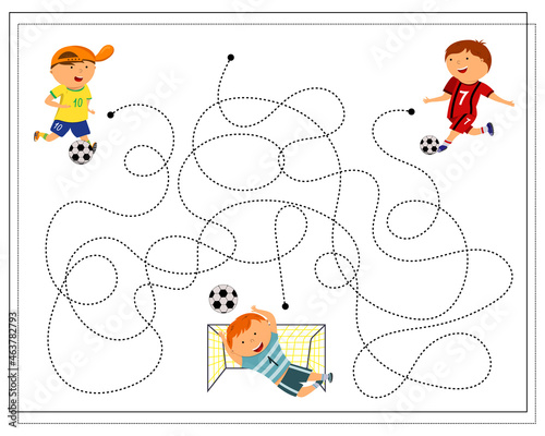 a game for kids, go through the maze connecting the dots to find out who scored the ball in the goal, a game of football