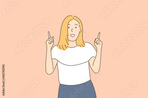 Portrait of young woman showing index finger up. concept of human emotions, facial expressions. front look. Hand drawn style vector design illustrations.