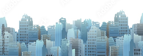 Ruined big modern city. Apocalypse scene. Armageddon death of civilization in war or environmental disaster. Flat style. Seamless Illustration isolated on white background. Vector