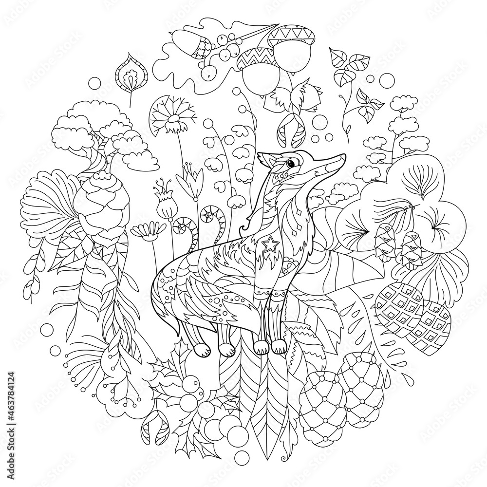 Naklejka premium Cute animal fox. Doodle style, black and white background. Funny animal, coloring book pages. Hand drawn illustration in zentangle style for children and adults, tattoo.