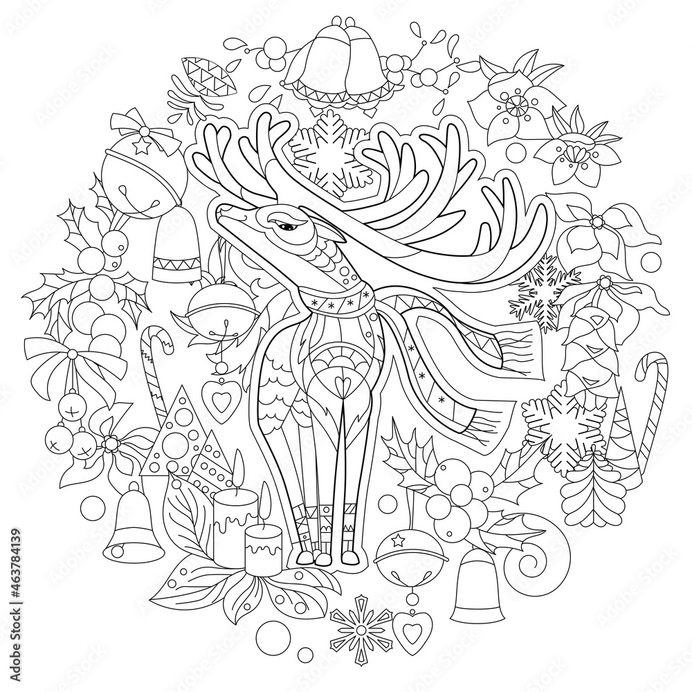 Cute reindeer in Christmas decoration. Doodle style, black and white background. Funny winter animal, coloring book pages. Hand drawn illustration in zentangle style for children and adults, tattoo.