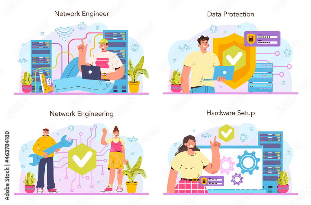 Fototapeta premium Network engineer concept set. Specialist setting up, developing