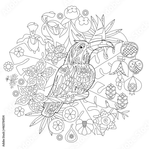 Cute bird toucan in jungle. Doodle style, black and white background. Funny animal, coloring book pages. Hand drawn illustration in zentangle style for children and adults, tattoo.