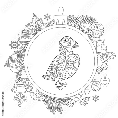 Cute bird puffin in ball. Doodle style, black and white background. Funny animal, coloring book pages. Hand drawn illustration in zentangle style for children and adults, tattoo.