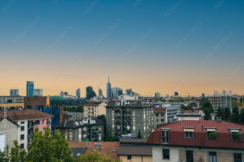 Milan skyline, Italy. Panoramic view of Milano city with Porta Nuova business district. Milan Skyline with modern skyscapers