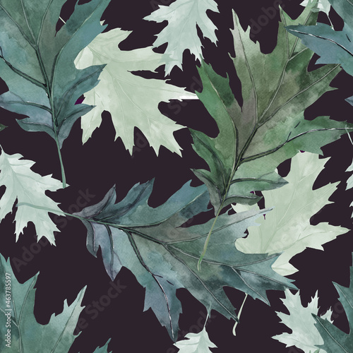 Green oak leavea watercolor on black background seamless pattern for all prints.