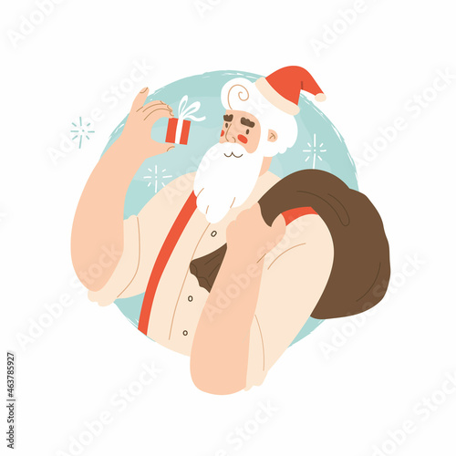 Santa Klaus portrait in blue round frame. Flat style in vector illustration. Isolated on white background. Happy New Year, Merry Christmas. A kind grandfather with a white beard keeping little gift.