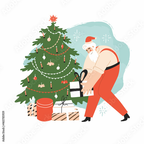Santa Klaus puts a gift under the tree. Happy New Year, Merry Christmas. Flat style in vector illustration. Isolated on white background. A kind grandfather with a white beard in red pants.