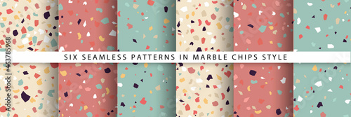 Collection with six seamless patterns in Marble chips style. Terrazzo flooring. Decorative texture. Abstract background. Simple shapes. Vector illustration. Natural stone, material, surface.