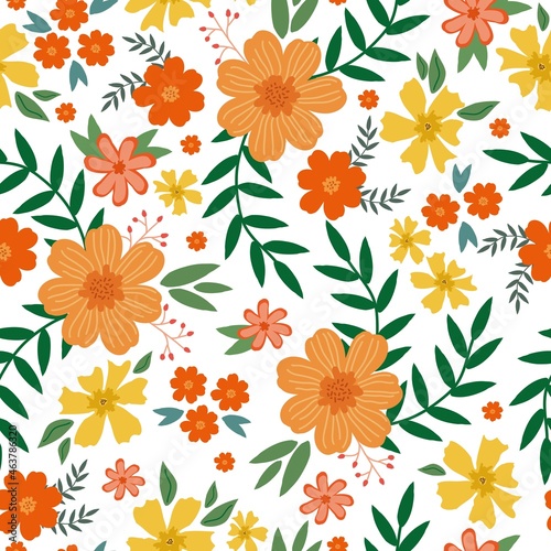 Seamless vintage pattern abstract. Wonderful multicolored flowers and green leaves on a white background. vector texture. trend print for textiles, wallpaper and packaging.