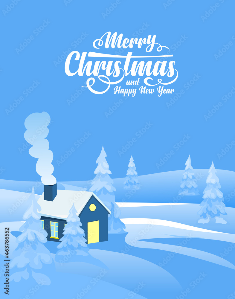 Winter landscape background with text Merry Christmas