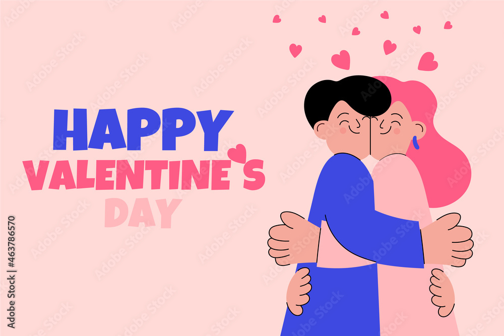 Cute greeting card, illustration with Happy Valentine`s day in a style of a doodle with hand drawn by man characters and a woman in pink and blue. Cute greeting card, illustration with Happy Valentine`s day in a style of a doodle with hand drawn by man characters and a woman in pink and blue.