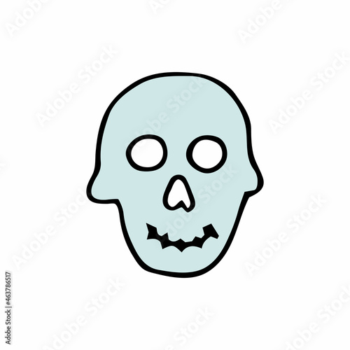 Doodle Halloween scull. Smiling Skeleton isolated on white background. Hand-drawn scary cranium. Mystical sketch character. Vector bone illustration for spooky autumn holidays, The day of the Dead