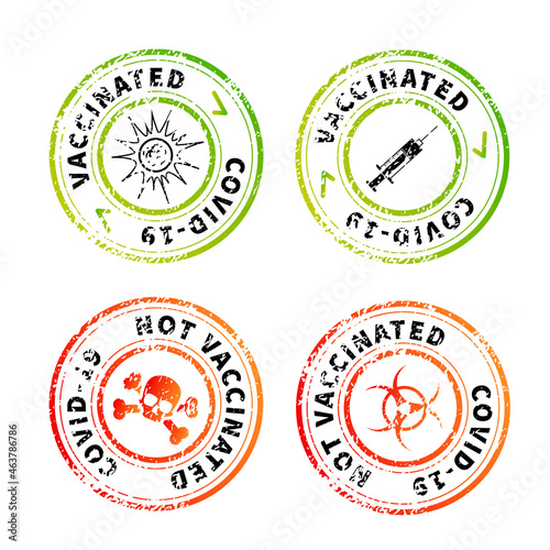 Vaccinated and not, red and green vintage round grunge stamp imprints on white