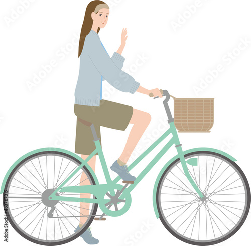 自転車にまたがって手を振る女性若い女性のイラスト