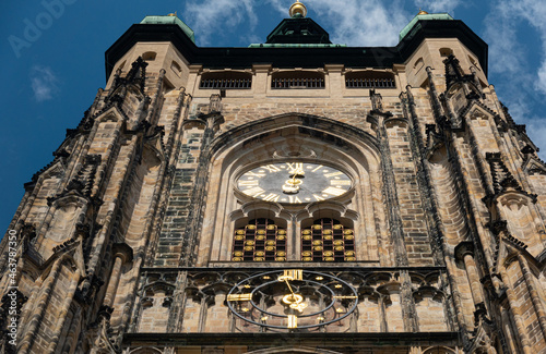 Prague Castle and Saint Vitus Cathedral  amazing architectural details and a great construction photographer during a sunny summer day. Landmarks of Europe. Travel photography.