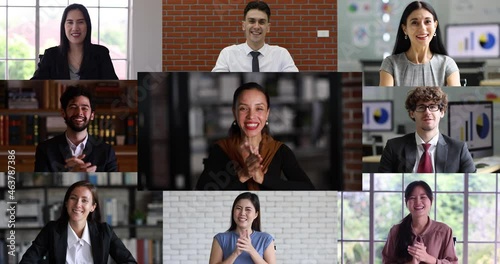 Diverse group business people participate in webinar lectures, online conferences. Multiracial, mixed ethnic businesspeople using internet meeting app talking and clapping hands with happy.