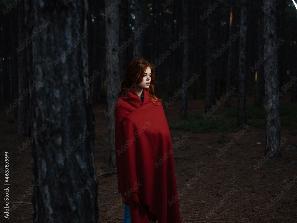 Red-haired woman red plaid forest freedom nature Red-haired woman red plaid forest freedom nature