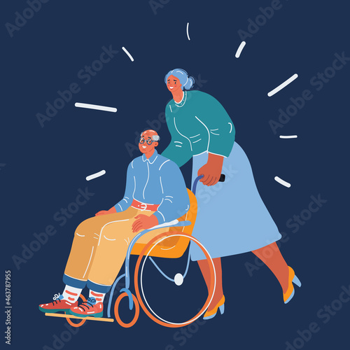 Vector illustration of senior man in wheelchair with careful woman. Volunteer caring for elderly person over dark backround.