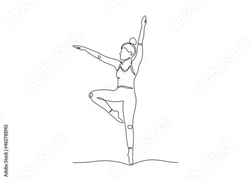 One line woman standing in tree pose yoga. Continuous line drawing of girl silhouette, exercise icon, meditating concept. Vector art