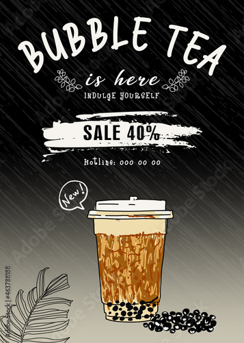Bubble milk tea, Pearl milk tea , Different sorts of Boba. Yummy drinks. Ads with delicious tapioca.  Restaurant cafe menu, template design. Food flyer. Chalk board, retro menu restaurant poster. 