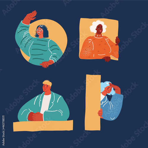 Vector illustration of People in a geometric holes and shapes. They hide, peep out, hang out, look with interest and curiosity over dark backround.