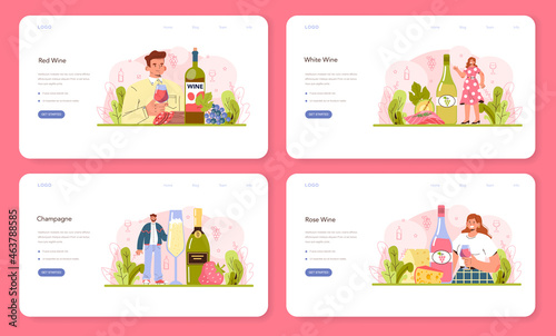 Wine web banner or landing page set. Grape wine in a bottle and glass full