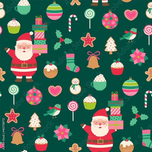 Cute santa claus and christmas elements seamless pattern.