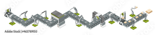 Automatic factory with conveyor line and robotic arms. Assembly process. Vector illustration

