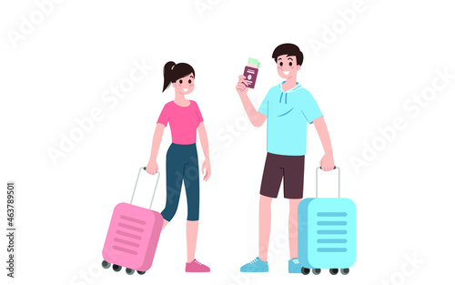 Group of young tourist characters. Traveling tourists with travel luggage going on vacation trip after covid-19 virus was diminish. Vacation people isolated vector. Summer character, woman and man.