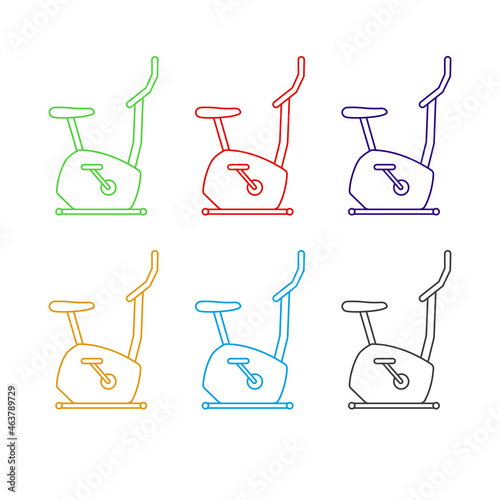 Set of stationary bike line colored icons, sport and equipment, exercise bicycle sign. Linear outline vector illustration and clipart on a white background.