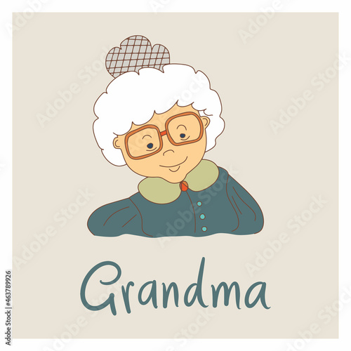 Happy aged lady - grandmother. Positive elderly woman portrait with smile. Old people emotions and expressions vector illustration
