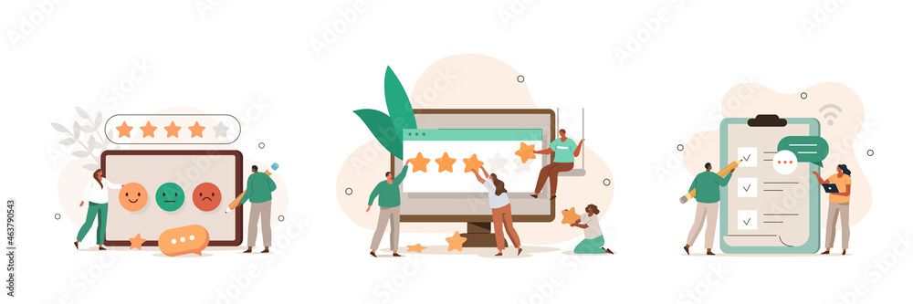 Fototapeta premium People сharacters giving five star feedback. Clients choosing satisfaction rating. Customer service and user experience concept. Flat cartoon vector illustration and icons set.