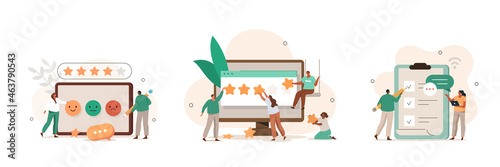 People сharacters giving five star feedback. Clients choosing satisfaction rating. Customer service and user experience concept. Flat cartoon vector illustration and icons set. photo