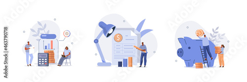 Characters collecting and putting coins in piggy bank, analyzing financial report. Financial management, money savings and deposit growth concept. Flat cartoon vector illustration and icons set.
