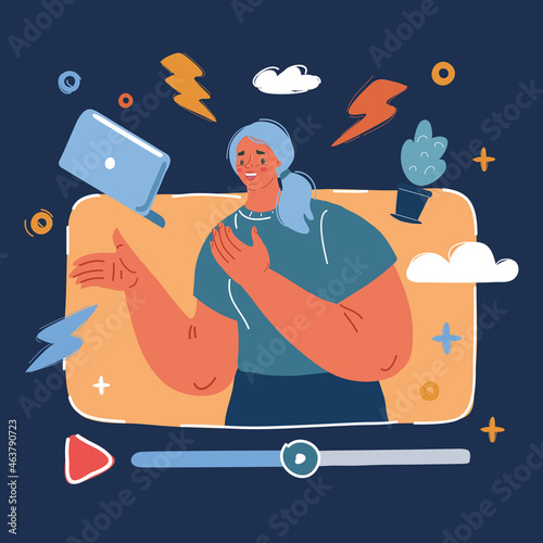 Vector illustration of Blogger in video over dark background.