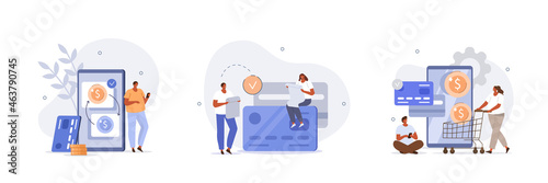 Characters paying online and receiving bonus money or reward back on credit card. Cashback, financial savings and money exchange concept. Flat cartoon vector illustration and icons set.