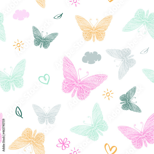 Vector butterfly seamless repeat pattern design background. Random colorful butterfly silhouette, cute girly pastel pattern. © Eakglory