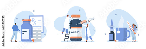  Flu treatment concept. Doctor preparing vaccine for vaccination program. People receiving treatment and medicaments against influenza and other viruses. Flat cartoon vector illustration and icons set