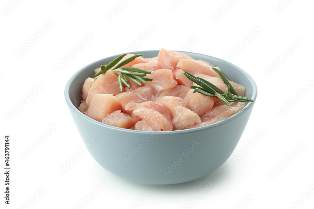 Bowl with raw chicken fillet slices isolated on white background Bowl with raw chicken fillet slices isolated on white background