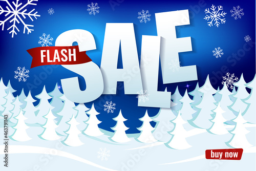 Flash sale up to 50 percent. Paper style text on the background of winter snow forest.