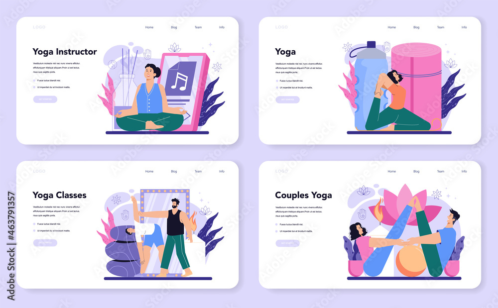 Yoga instructor web banner or landing page set. Asana or exercise Yoga instructor web banner or landing page set. Asana or exercise