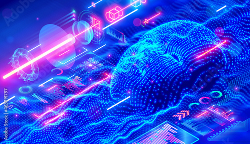 Artificial intelligence or AI in image humanoid head with anthropomorphic face analyzing flow big data. Digital Brain is learning processing data, analysis information. AI isometric illustration.