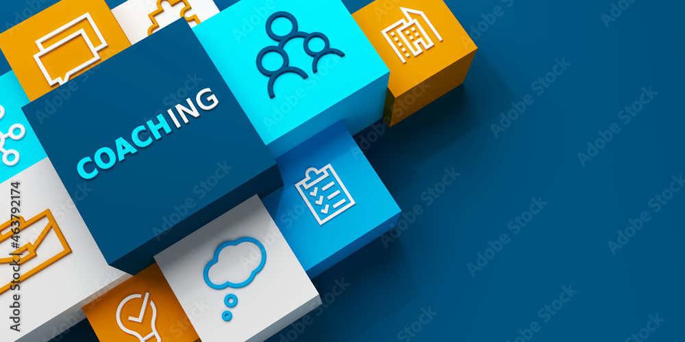 3D render of wide perspective view of COACHING concept with symbols on colorful cubes on dark blue background 3D render of wide perspective view of COACHING concept with symbols on colorful cubes on dark blue background