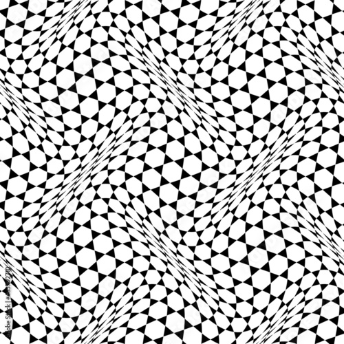 Warped seamless pattern of black triangles and white hexagons ornament. Psychedelic optical illusion wavy repeatable texture.