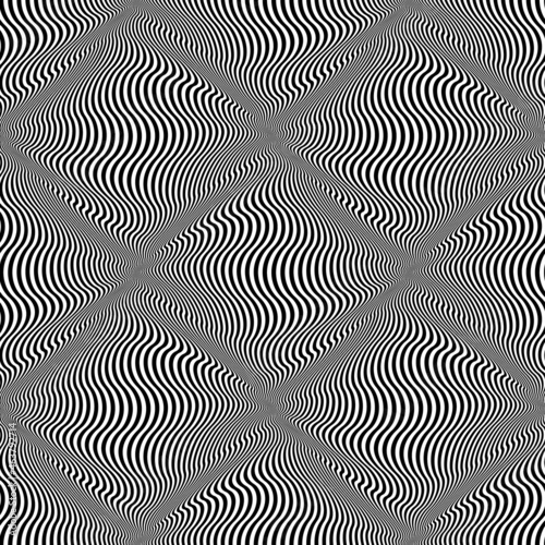 Vibrating seamless pattern of black wavy lines. Optical art repeatable texture. Vibrant dynamic wallpaper.