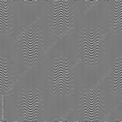 Vibrating seamless pattern of black wavy lines. Optical art repeatable texture. Vibrant dynamic wallpaper. Scroll up and down to watch illusion effect.