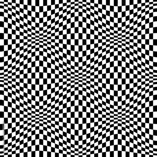 Optical distorted black and white checkered seamless pattern. Psychedelic repeatable texture.
