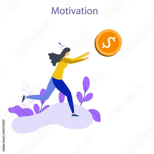 Person chasing dollar coin. Concept of extrinsic motivation, external reward or incentive, pursuing financial gain